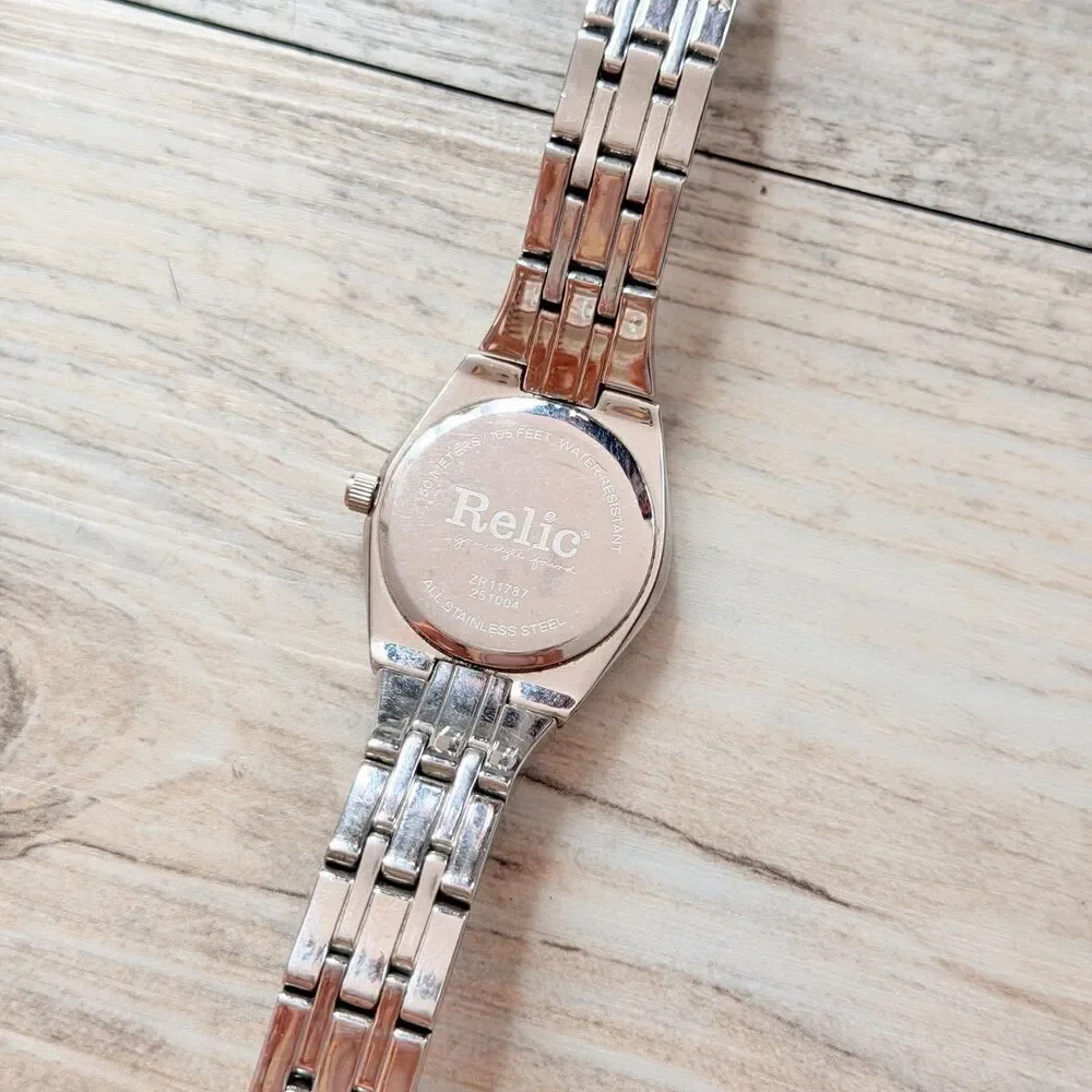 Relic Pink Dial Silver Tone Rhinestone Watch Y2K Glam Crystal Bracelet Date